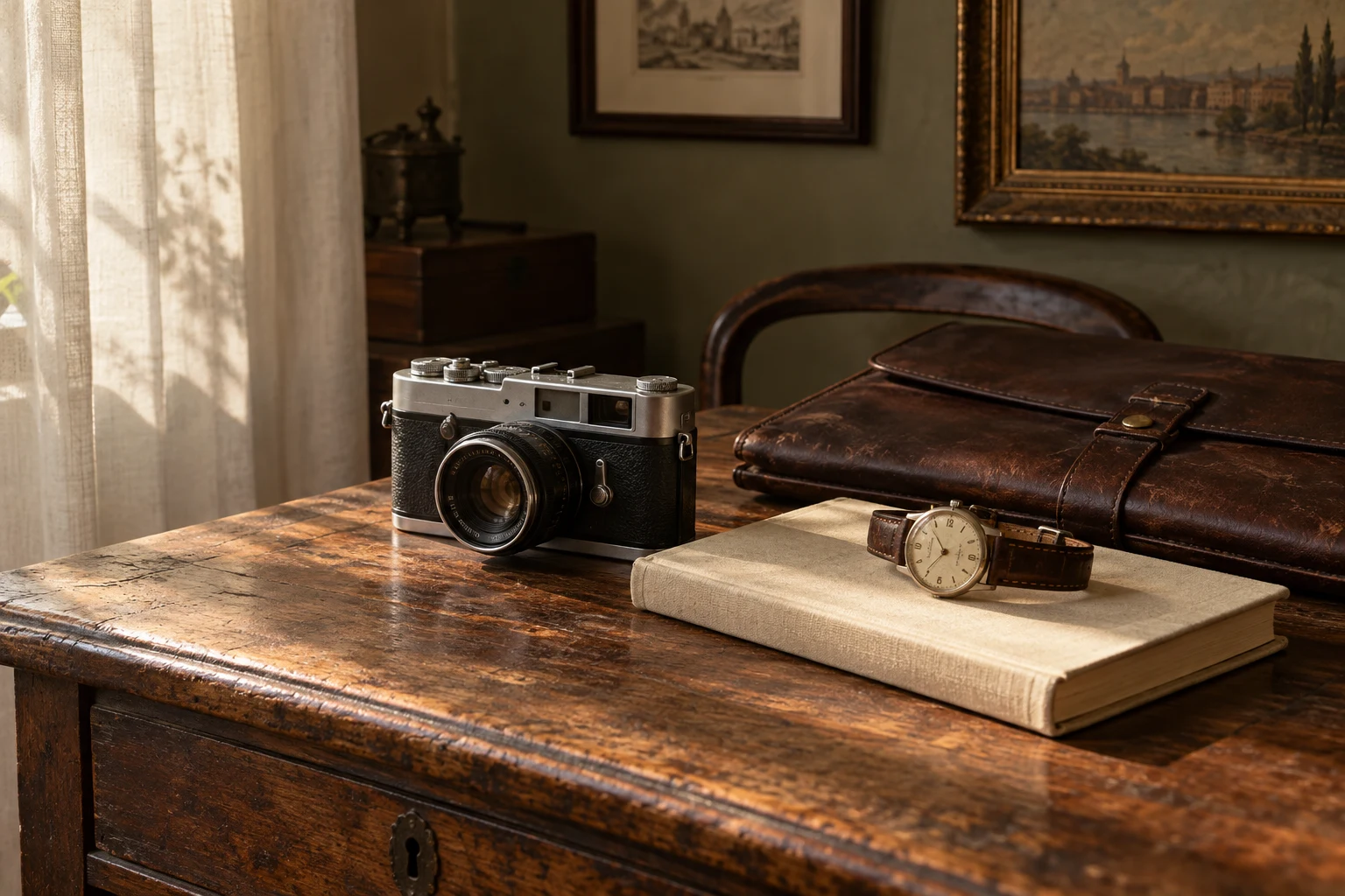 A vintage camera, leather folio and classic wristwatch in a softly lit collector’s study